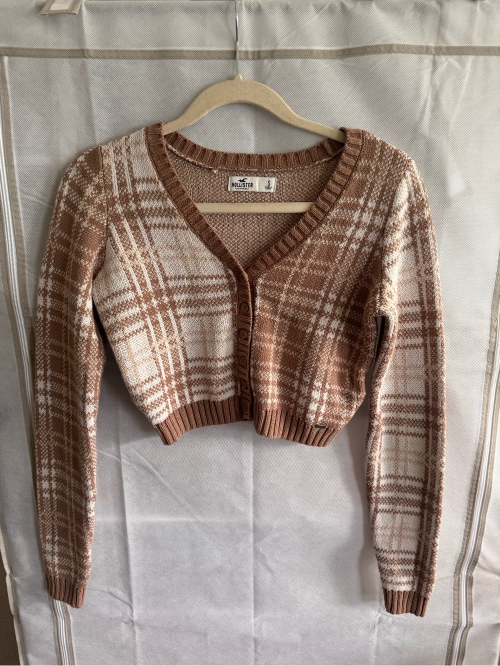 Hollister Women's Cropped Plaid Cardigan Sweater - Brown & Cream- Small